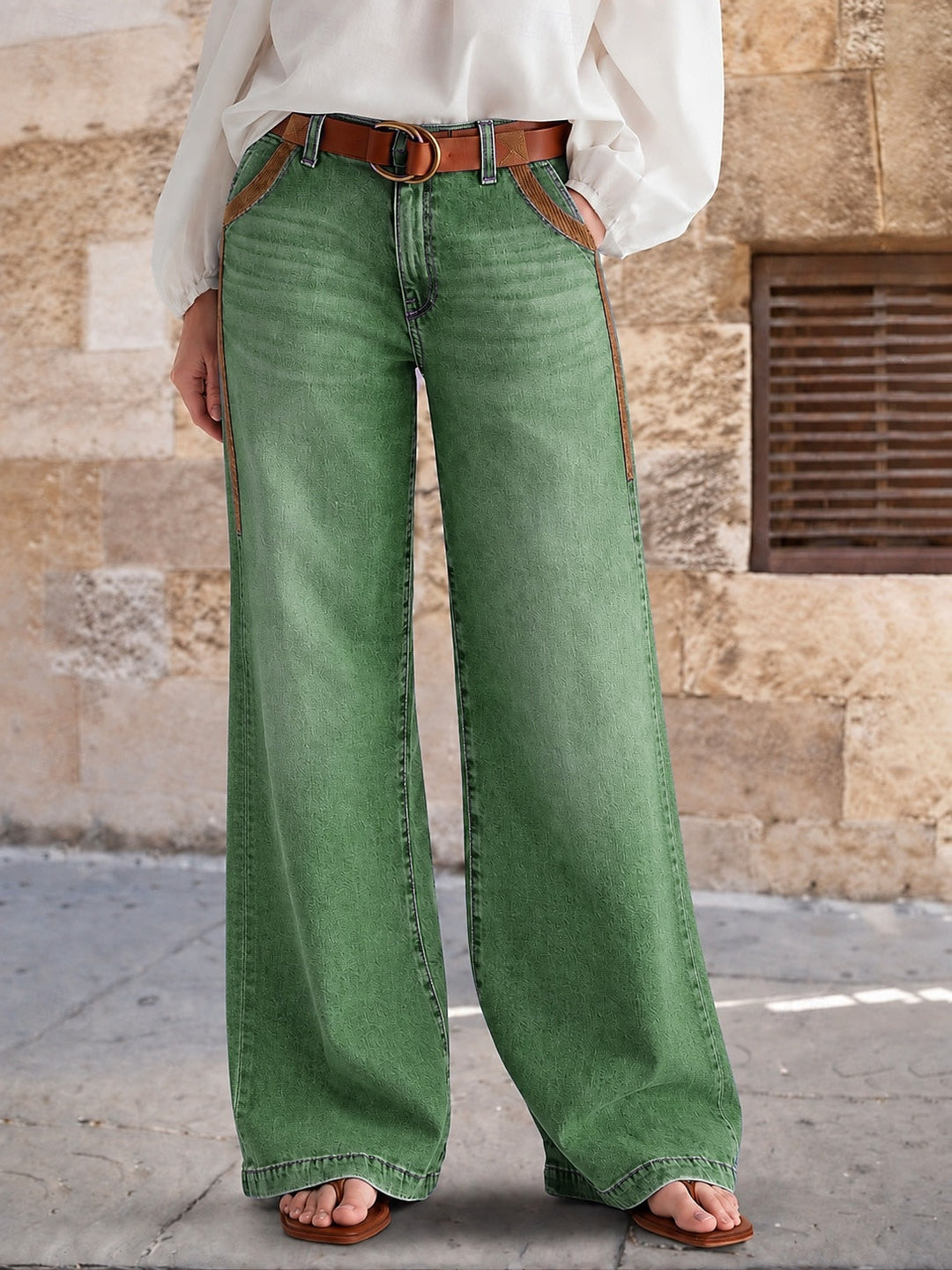 Sorvienne Relaxed Mid Rise Wide Leg Jeans in Green
