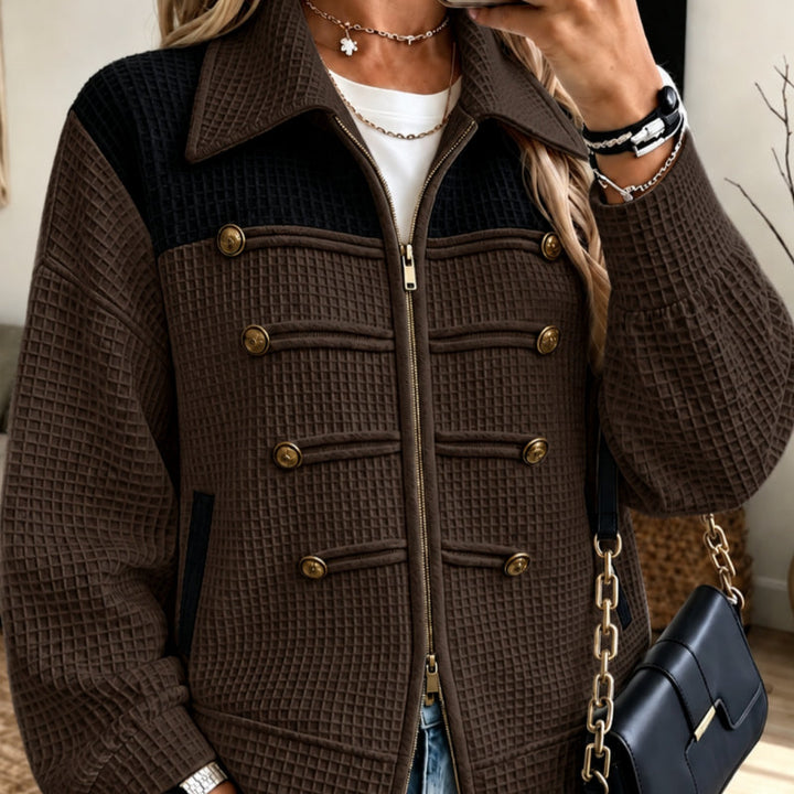 Sorvienne Relaxed Waffle Knit Military Jacket in Brown