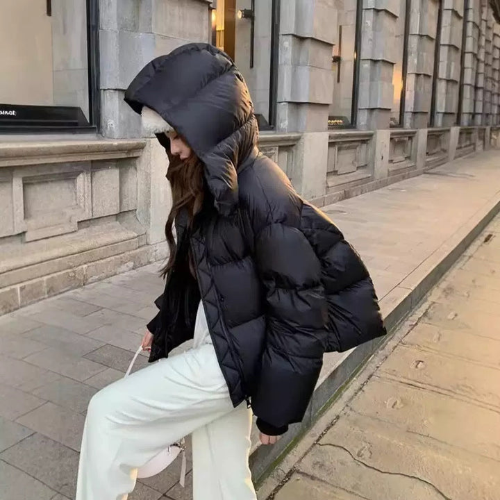 Sorvienne Oversized Cropped Hooded Puffer Jacket in Black