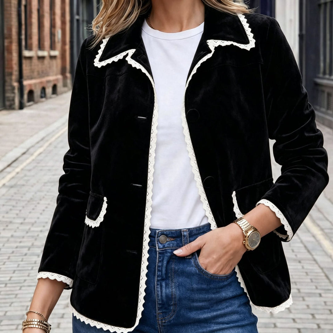 Sorvienne Tailored Contrast Trim Faux Suede Jacket in Black