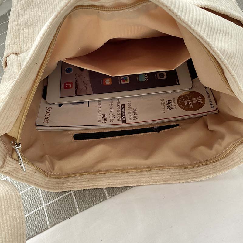 Sorvienne Large Front Pocket Cord Shoulder Bag in Cream