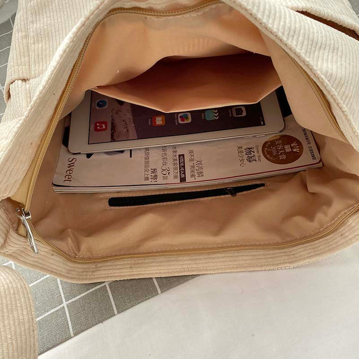 Sorvienne Large Front Pocket Cord Shoulder Bag in Cream