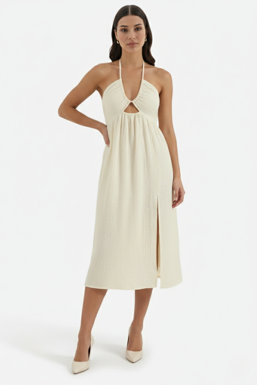 Midi Summer Dress Textured Halter Neck Backless Cut Out Detail with Side Slit - Siopie
