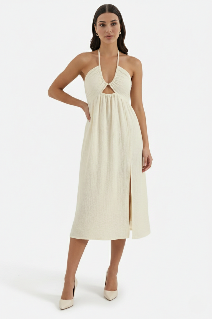 Midi Summer Dress Textured Halter Neck Backless Cut Out Detail with Side Slit - Siopie
