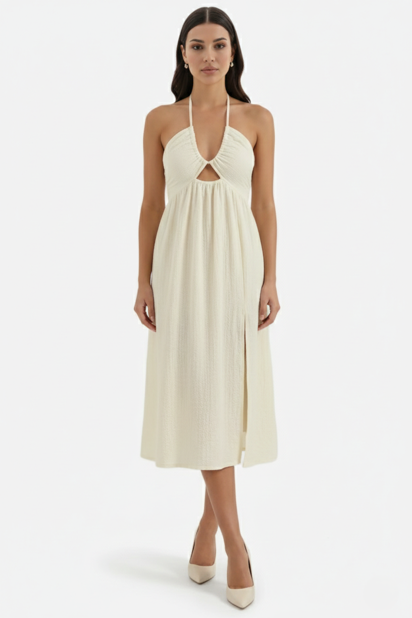Midi Summer Dress Textured Halter Neck Backless Cut Out Detail with Side Slit - Siopie