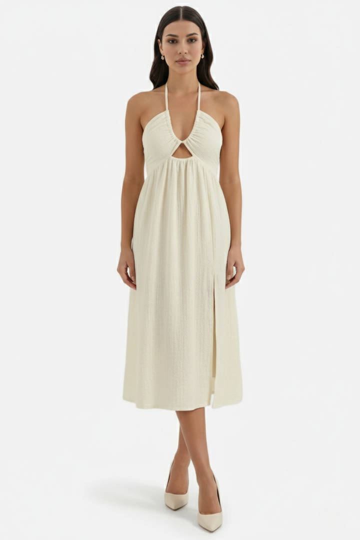 Midi Summer Dress Textured Halter Neck Backless Cut Out Detail with Side Slit - Siopie