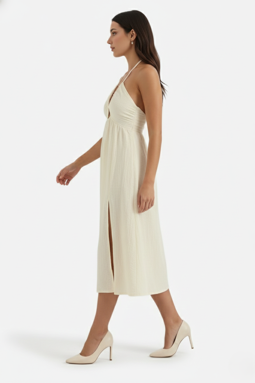 Midi Summer Dress Textured Halter Neck Backless Cut Out Detail with Side Slit - Siopie