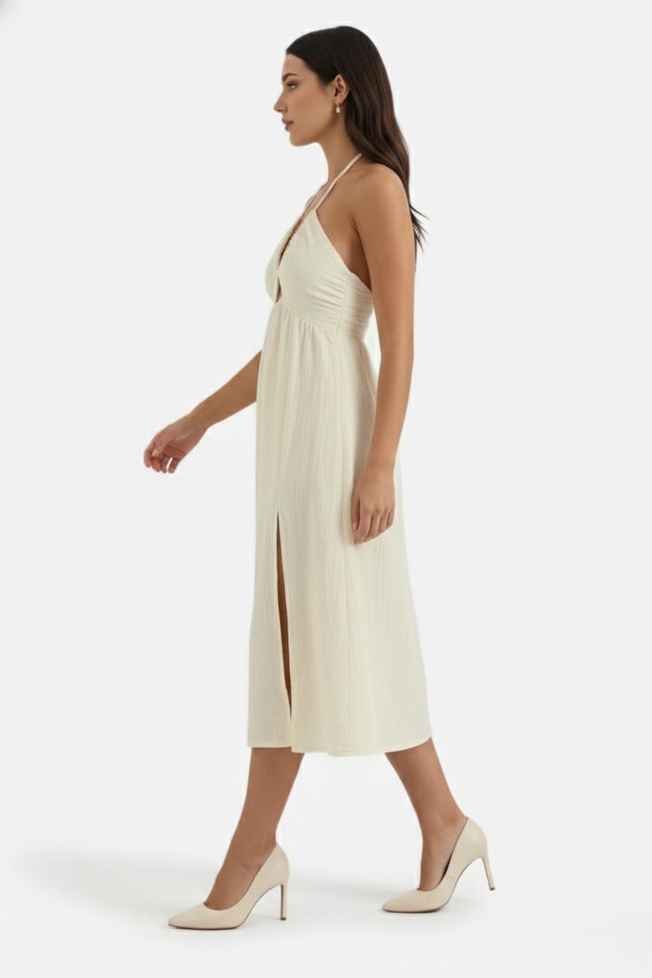 Midi Summer Dress Textured Halter Neck Backless Cut Out Detail with Side Slit - Siopie