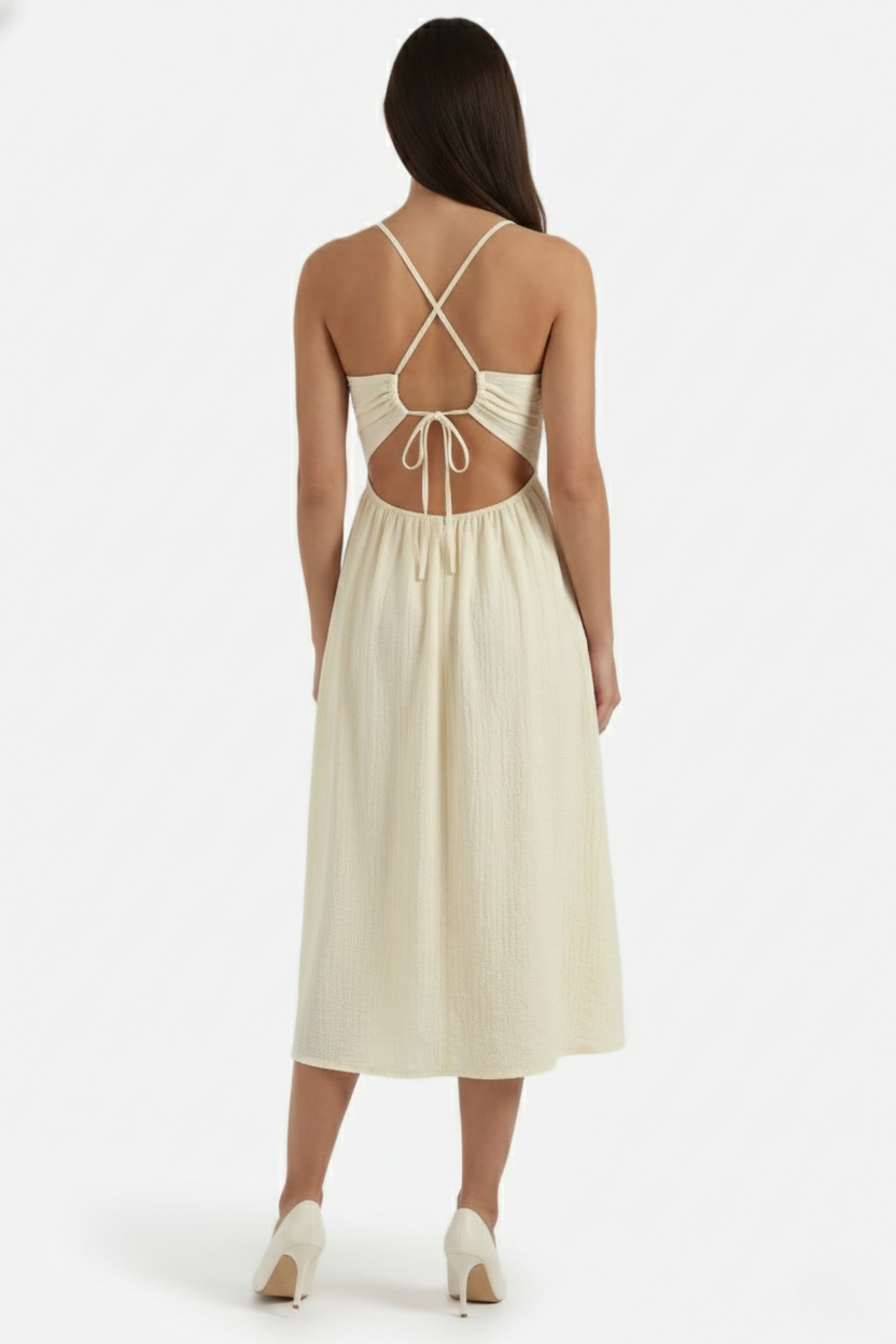 Midi Summer Dress Textured Halter Neck Backless Cut Out Detail with Side Slit - Siopie