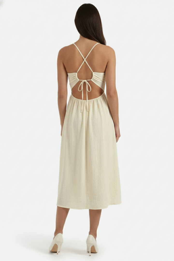 Midi Summer Dress Textured Halter Neck Backless Cut Out Detail with Side Slit - Siopie