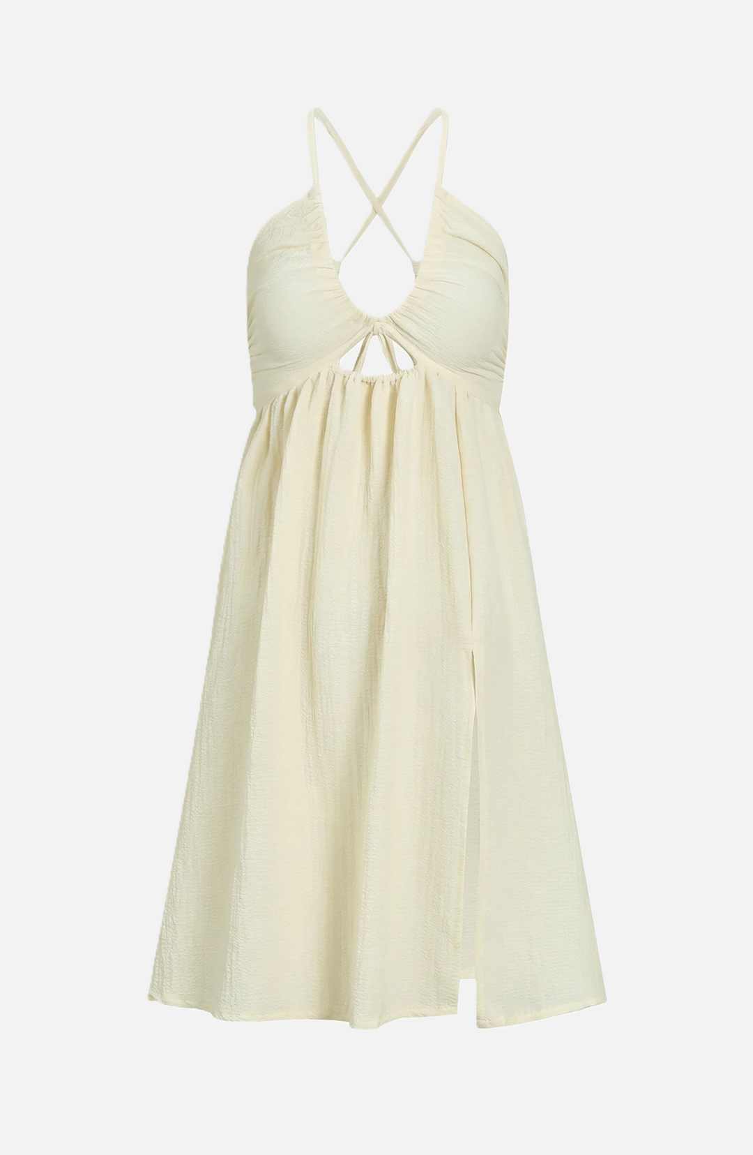 Midi Summer Dress Textured Halter Neck Backless Cut Out Detail with Side Slit - Siopie