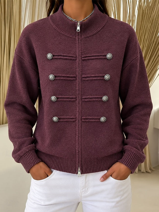 Sorvienne Stand Collar Military Cardigan in Burgundy