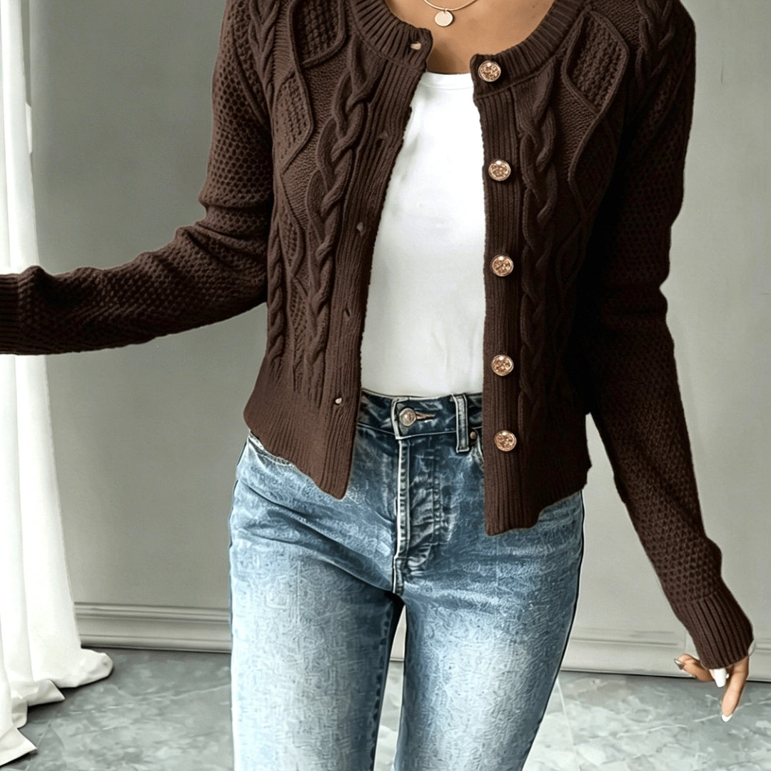 Sorvienne Cropped Cable Knit Cardigan in Chocolate