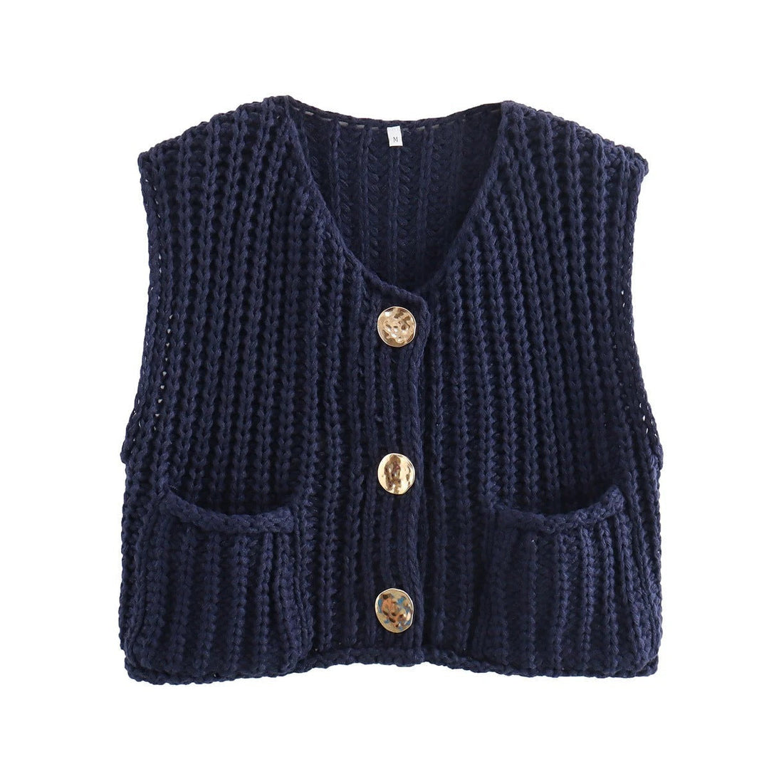 Sorvienne Relaxed Chunky Knitted Waistcoat in Navy