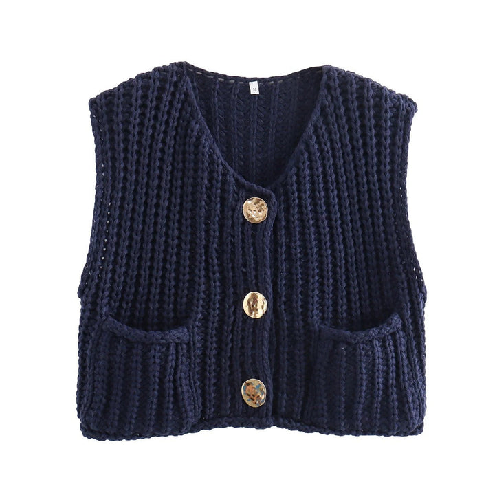Sorvienne Relaxed Chunky Knitted Waistcoat in Navy