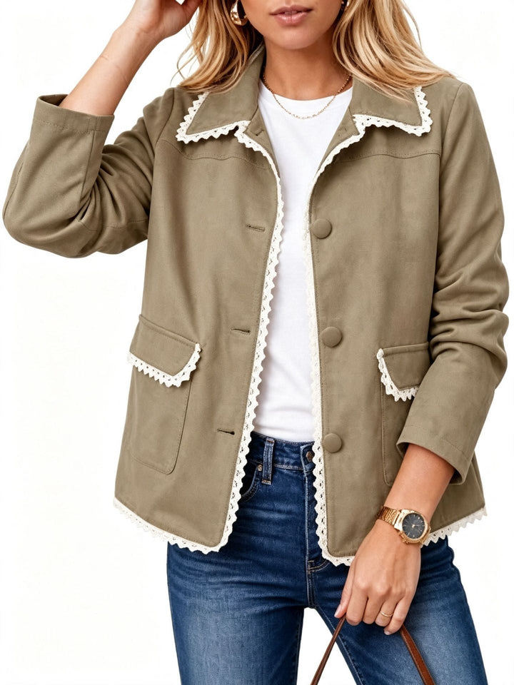 Sorvienne Tailored Contrast Trim Faux Suede Jacket in Olive