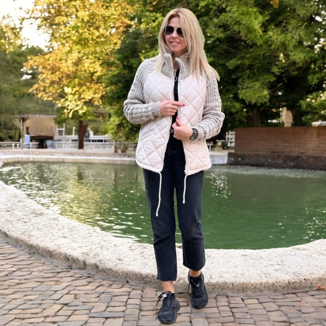 Sorvienne Relaxed Quilted Jacket with Knit Sleeves in Cream