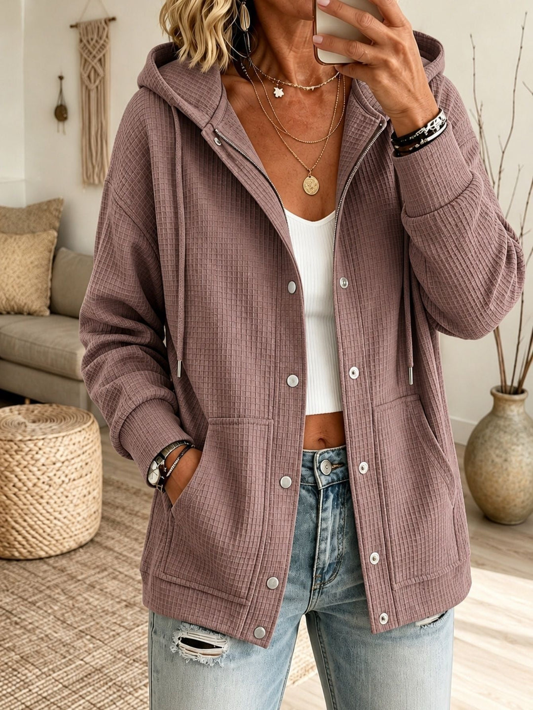 Sorvienne Relaxed Waffle Knit Hooded Cardigan in Taupe
