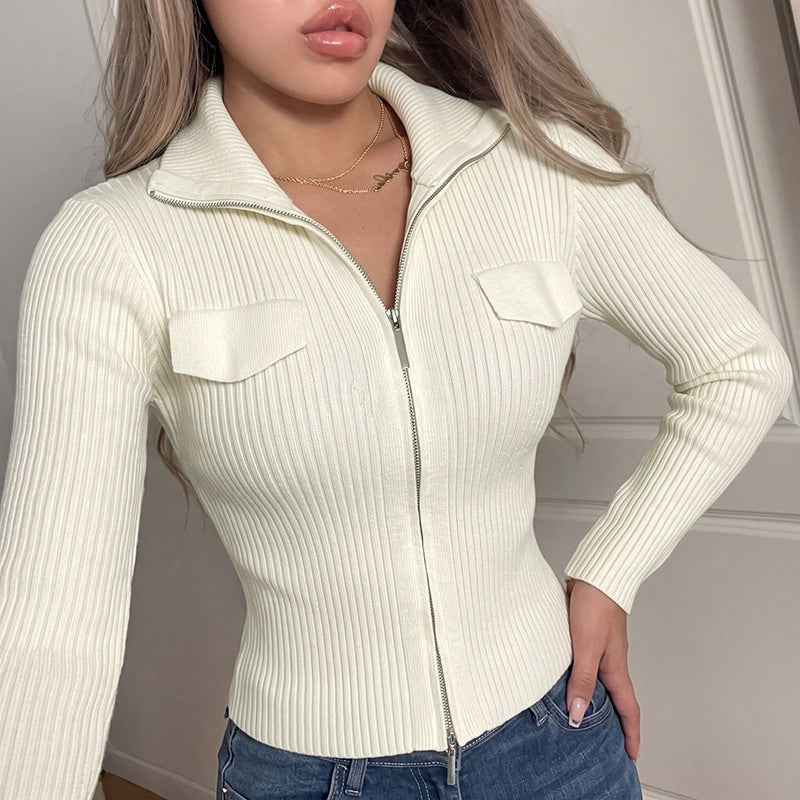 Sorvienne Slim Ribbed Collared Zip Up Cardigan