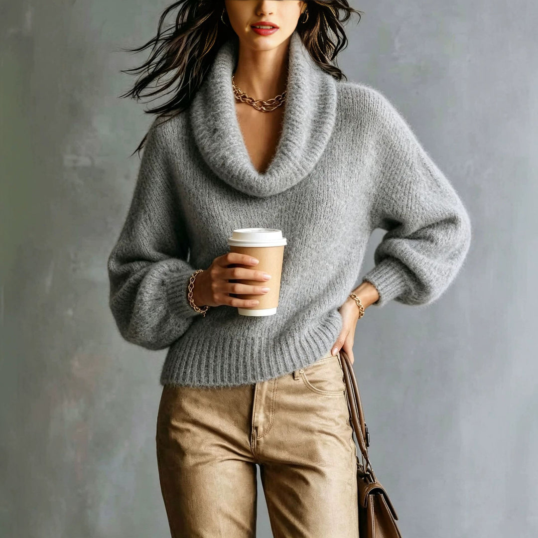 Sorvienne Relaxed Fluffy Knit Cowl Neck Jumper in Grey