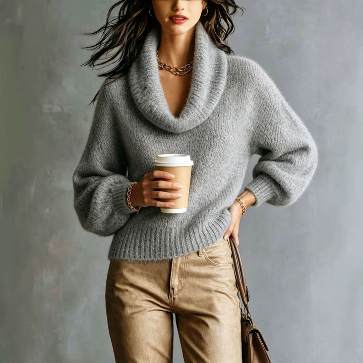 Sorvienne Relaxed Fluffy Knit Cowl Neck Jumper in Grey