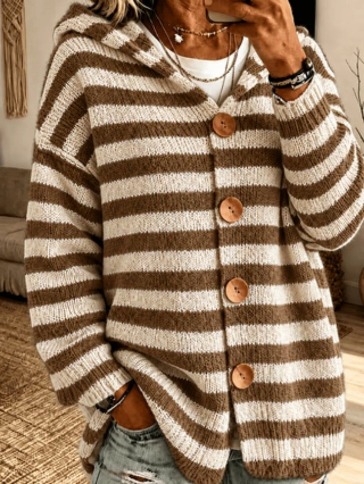 Sorvienne Relaxed Striped Button Front Hooded Cardigan in Brown Stripe