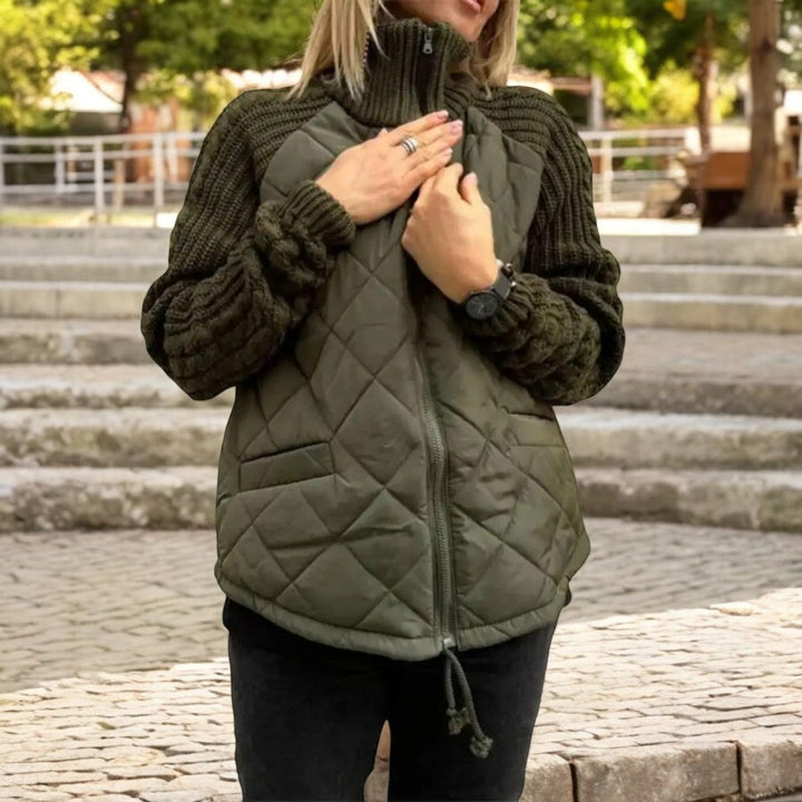 Sorvienne Relaxed Quilted Jacket with Knit Sleeves in Olive