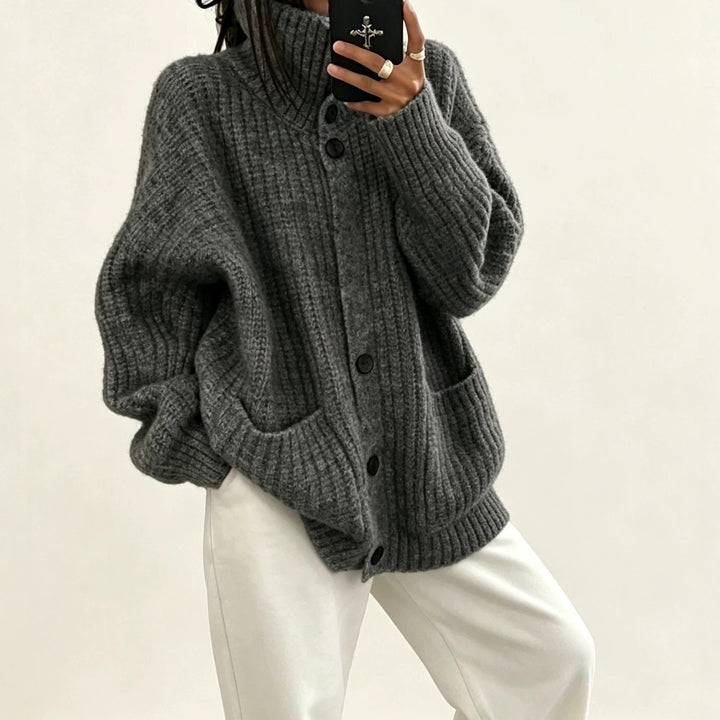 Sorvienne Oversized Chunky Rib Funnel Neck Cardigan in Charcoal