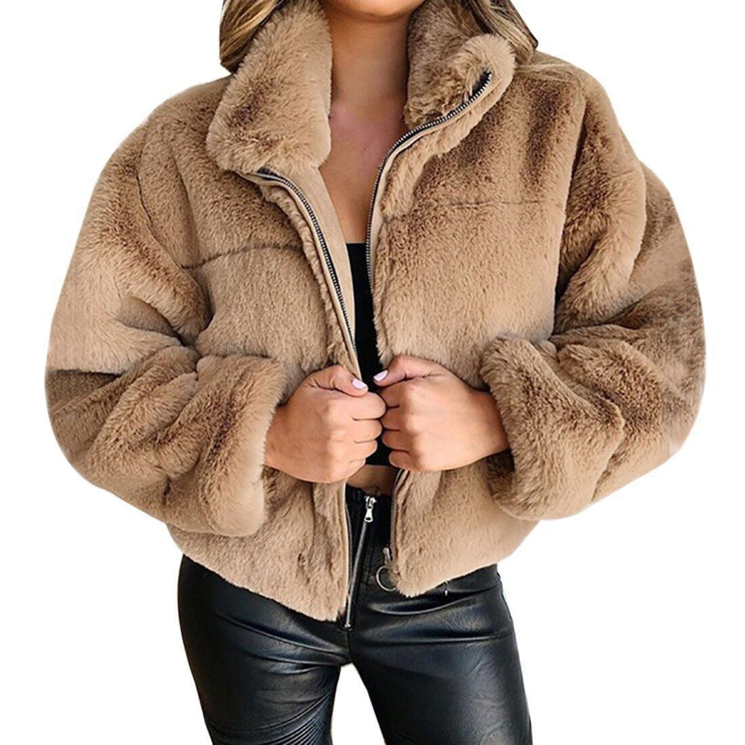 Sorvienne Relaxed Zip Front Faux Fur Jacket in Camel