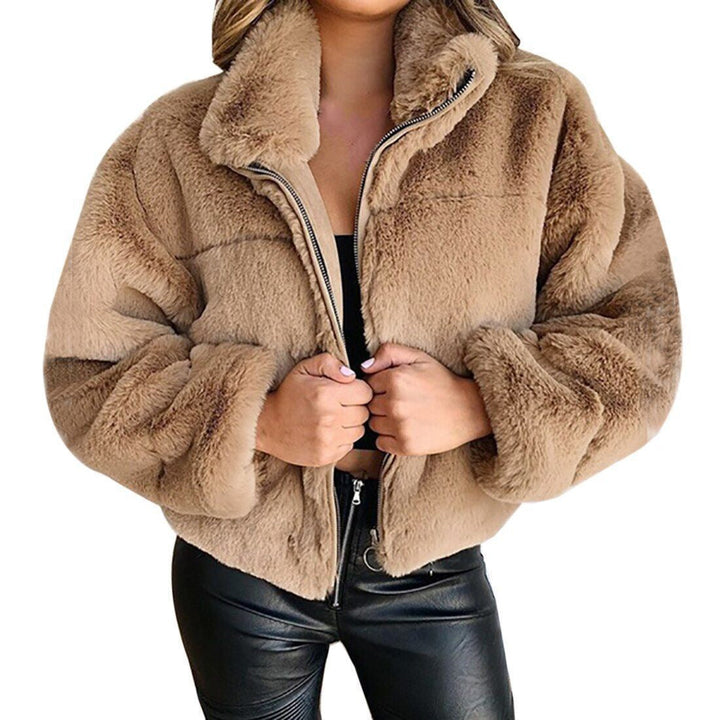 Sorvienne Relaxed Zip Front Faux Fur Jacket in Camel