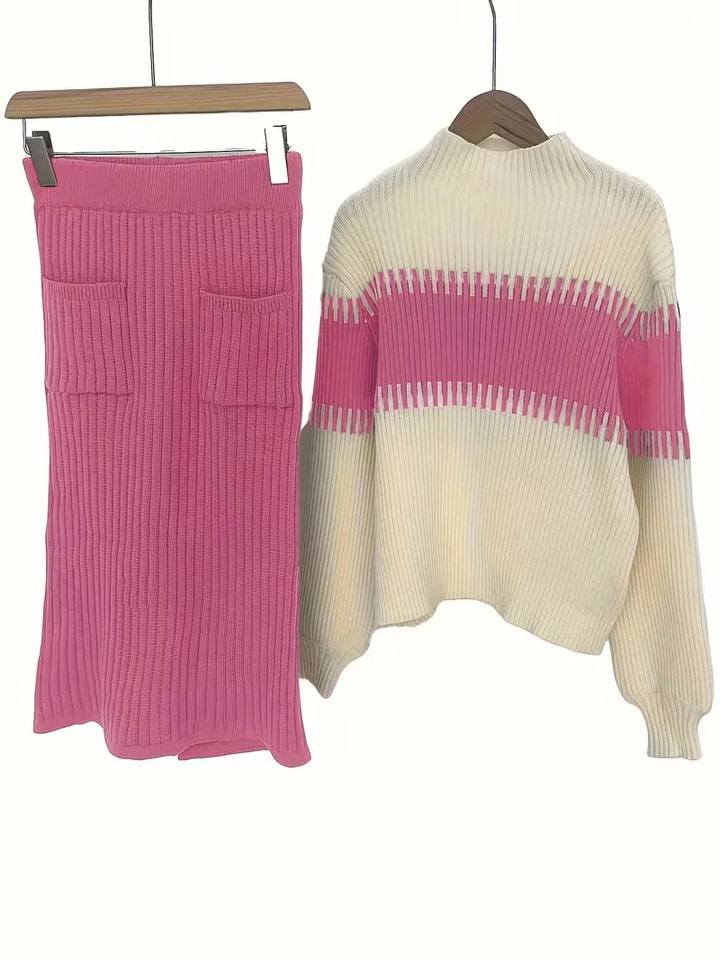 Sorvienne Relaxed Colour Block Knit Skirt Set in Pink