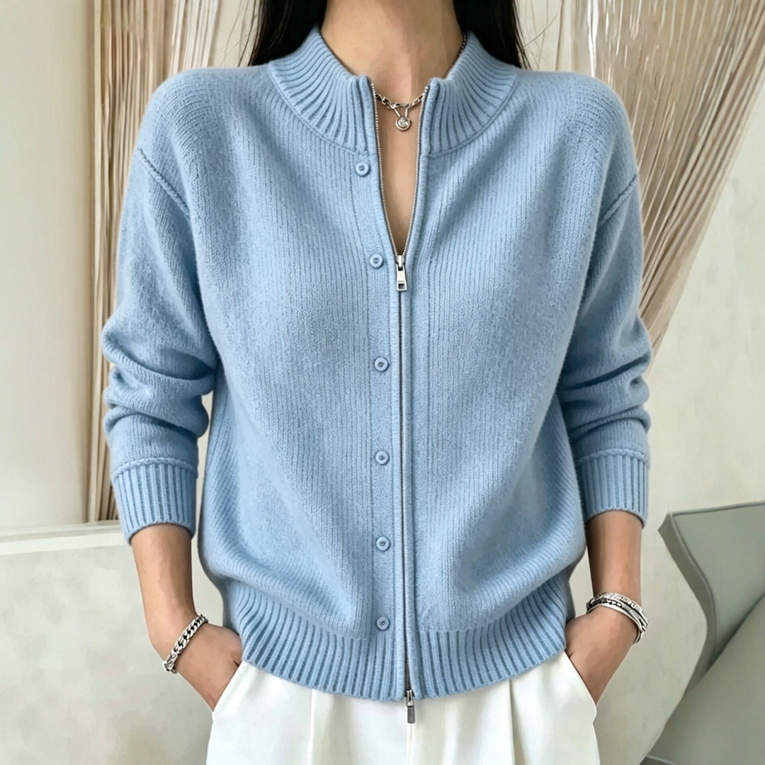Sorvienne Mock Neck Zip Through Cardigan in Light Blue