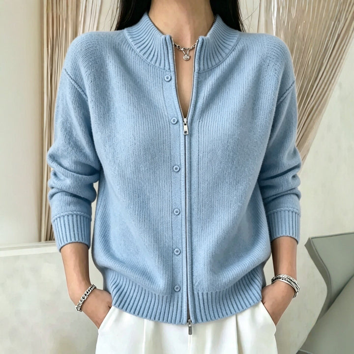 Sorvienne Mock Neck Zip Through Cardigan in Light Blue