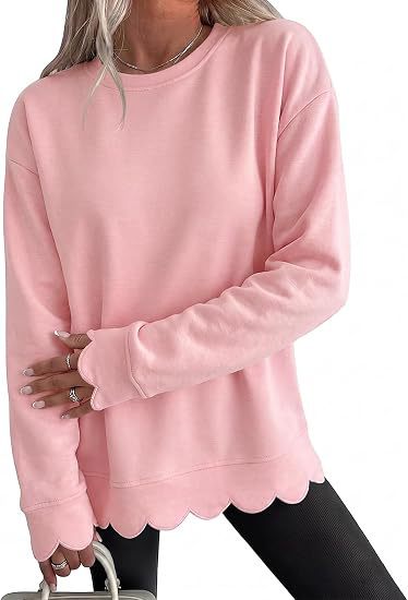 Sorvienne Relaxed Scallop Hem Crew Neck Sweatshirt in Pink