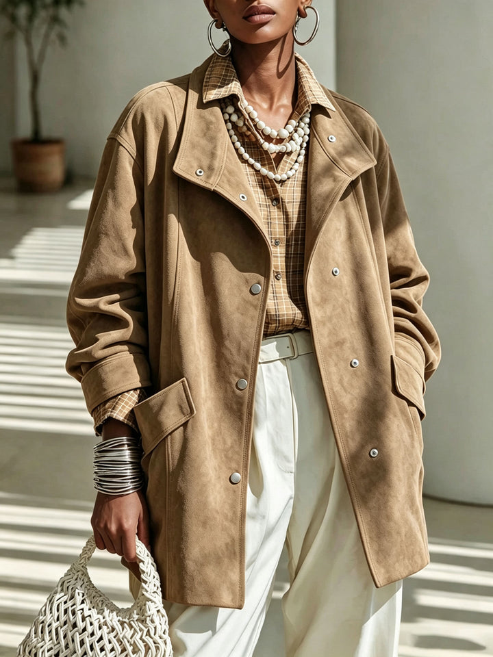 Sorvienne Relaxed Mid Length Suede Effect Coat in Tan