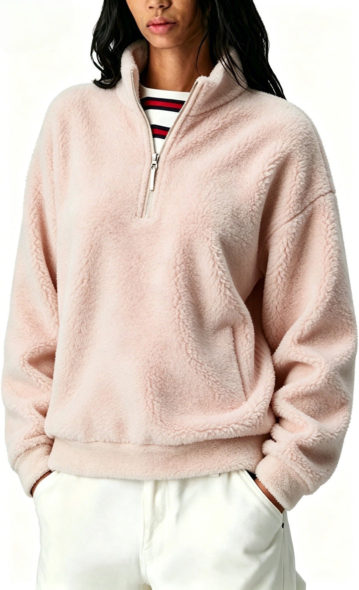 Sorvienne Relaxed Borg Half Zip Fleece in Pink