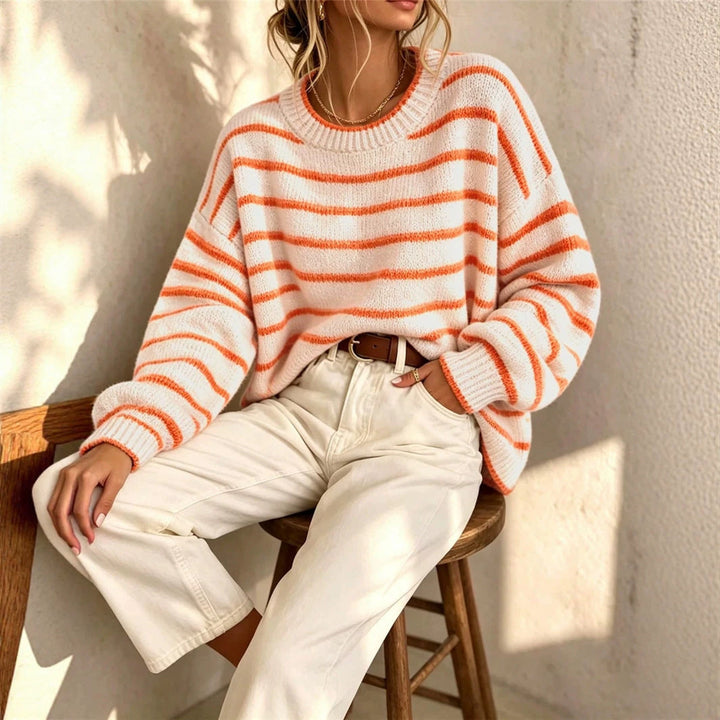 Sorvienne Relaxed Crew Neck Striped Jumper in Cream Stripe