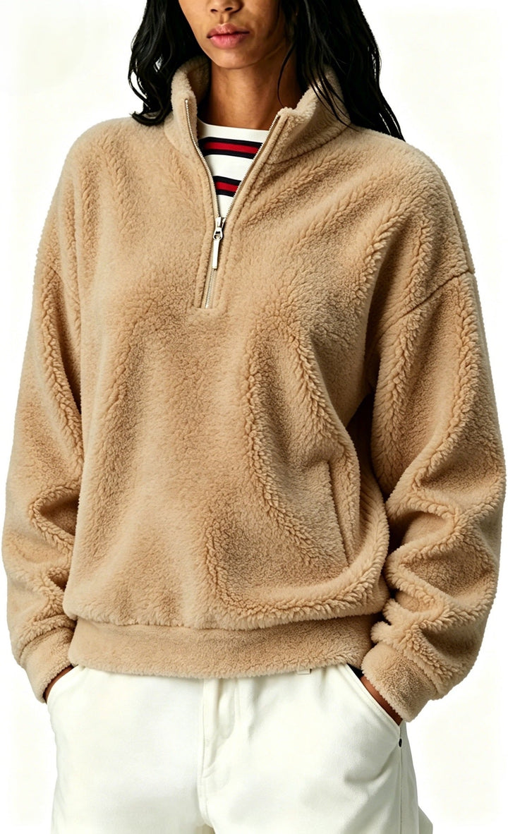 Sorvienne Relaxed Borg Half Zip Fleece in Camel