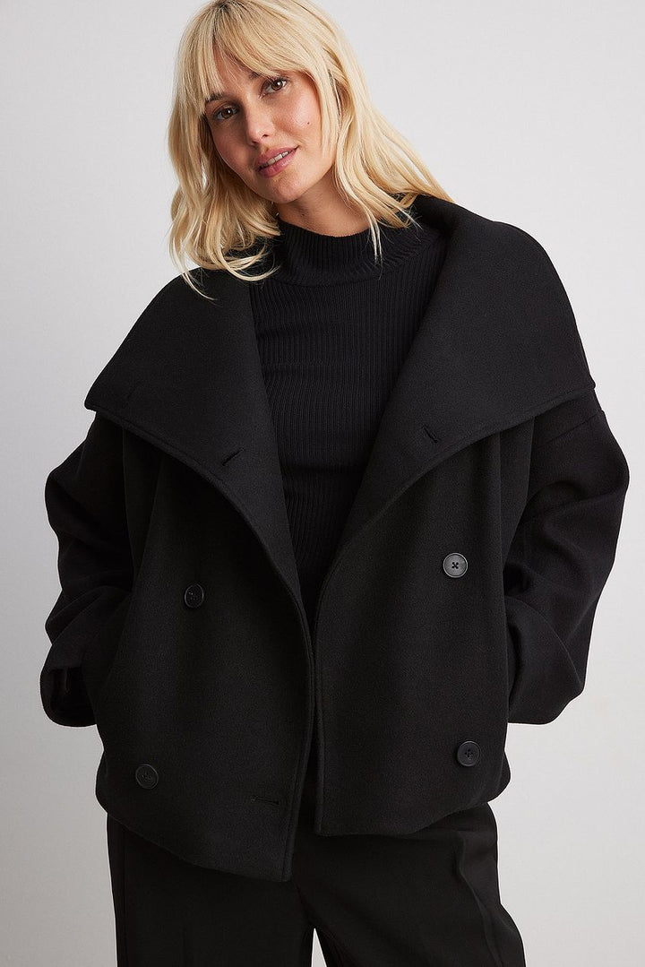 Sorvienne Oversized Cropped Double Breasted Coat in Black