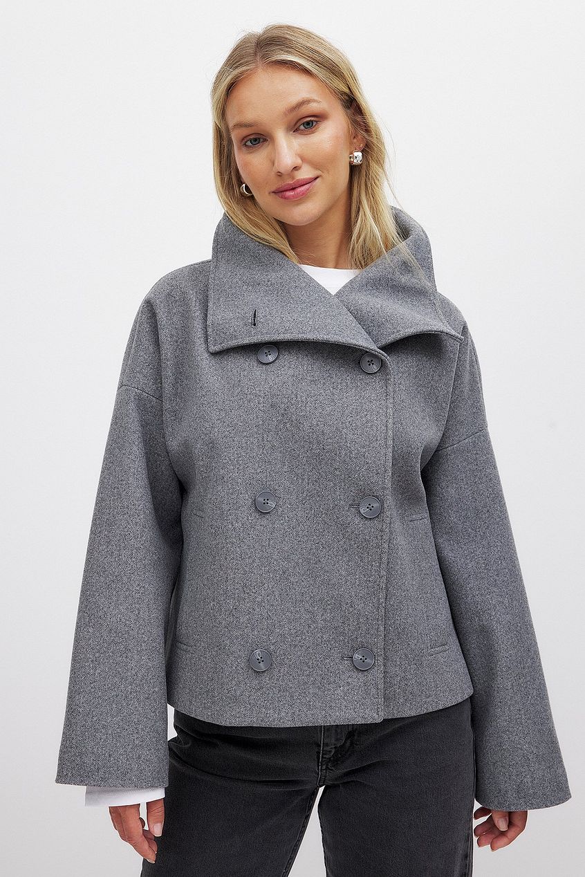 Sorvienne Oversized Cropped Double Breasted Coat in Grey