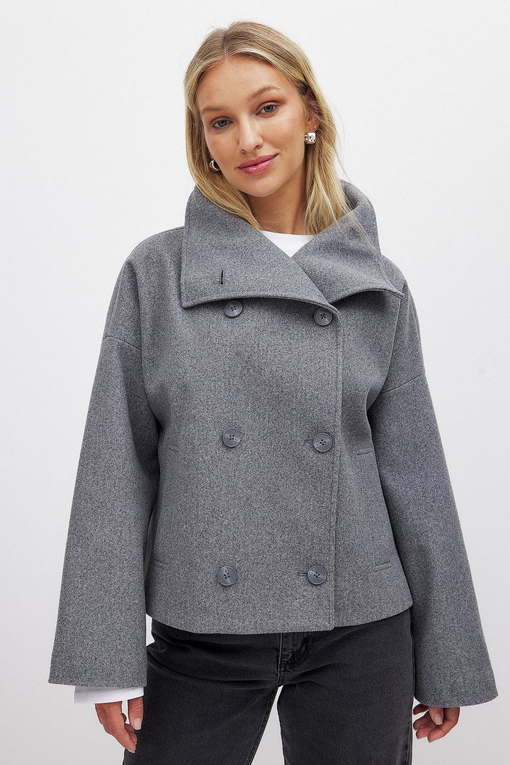Sorvienne Oversized Cropped Double Breasted Coat in Grey