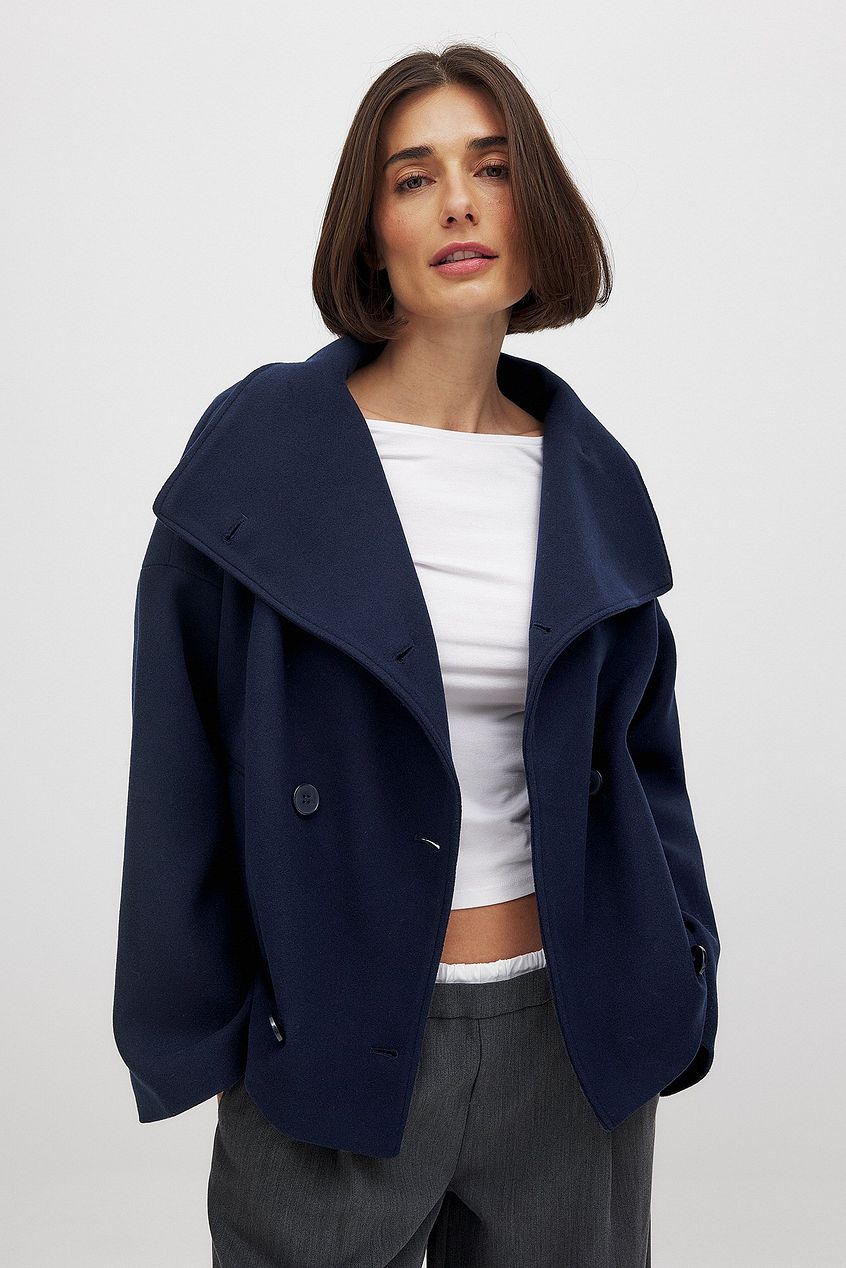 Sorvienne Oversized Cropped Double Breasted Coat in Navy