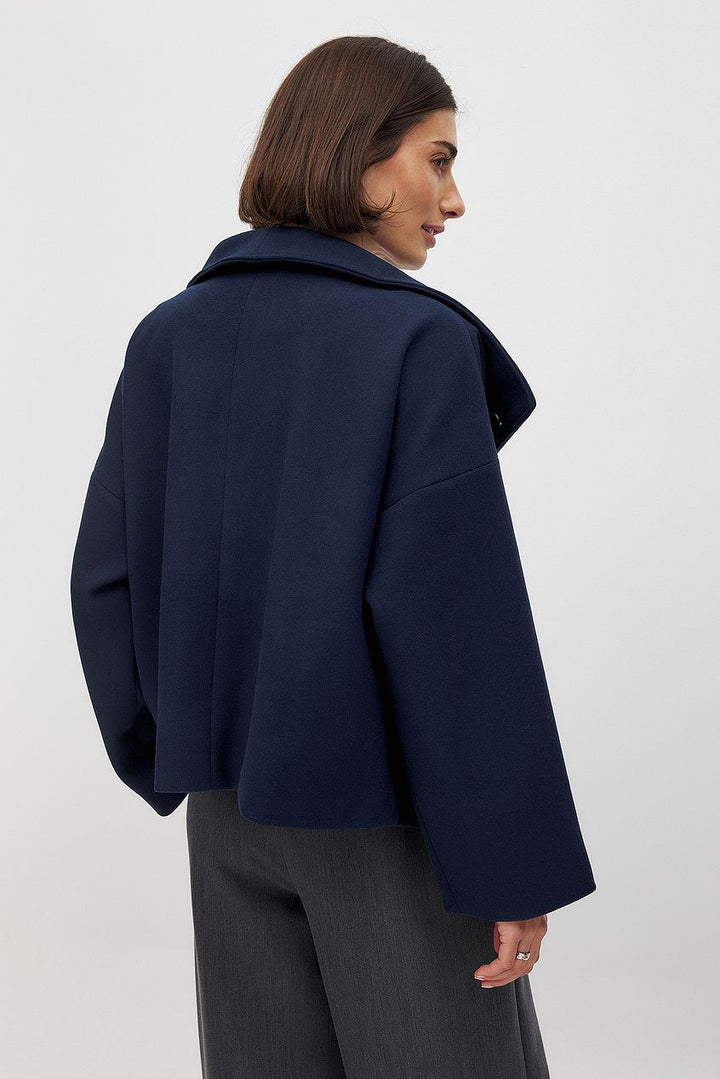 Sorvienne Oversized Cropped Double Breasted Coat in Navy