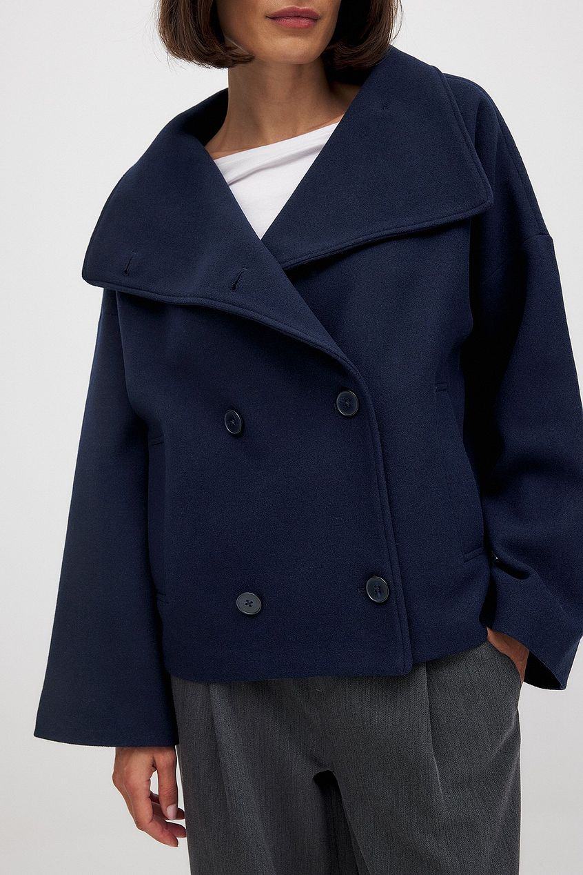 Sorvienne Oversized Cropped Double Breasted Coat in Navy