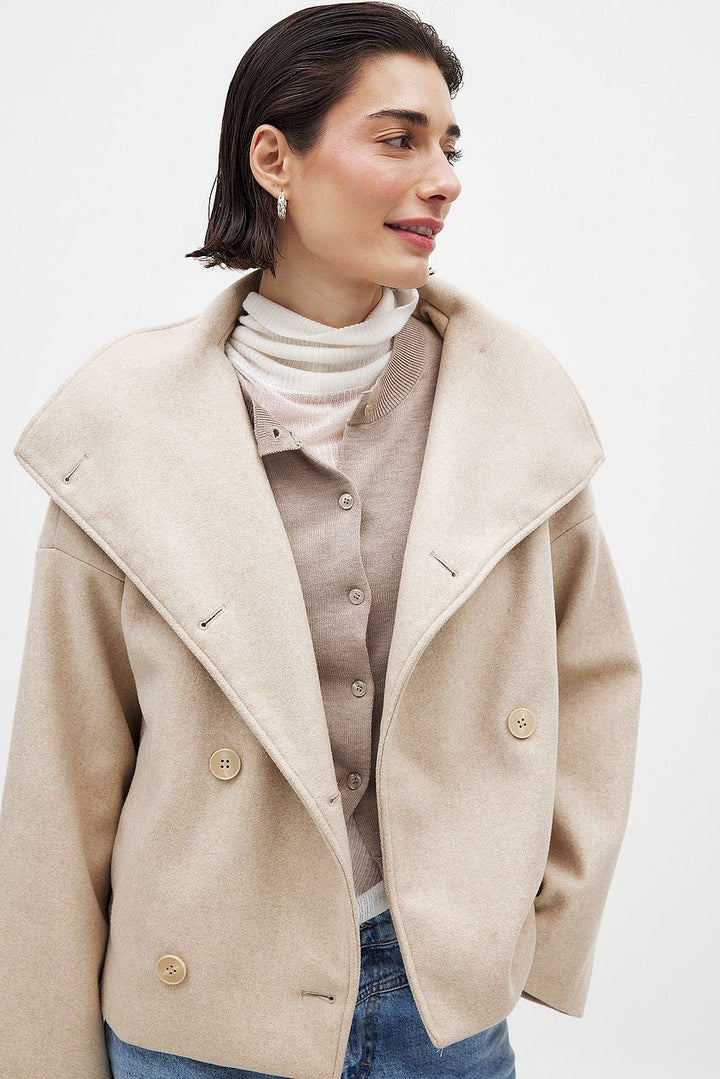 Sorvienne Oversized Cropped Double Breasted Coat in Beige