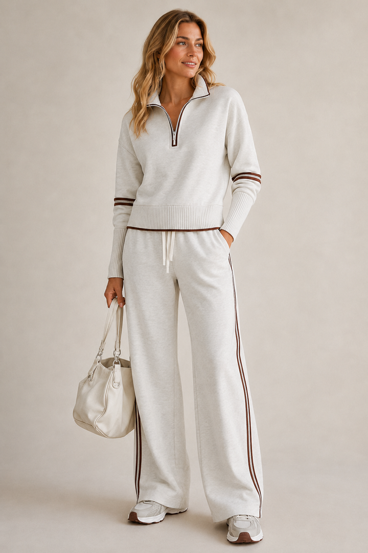 Sorvienne Relaxed Striped Trim Half Zip Co-ord Set in Ivory