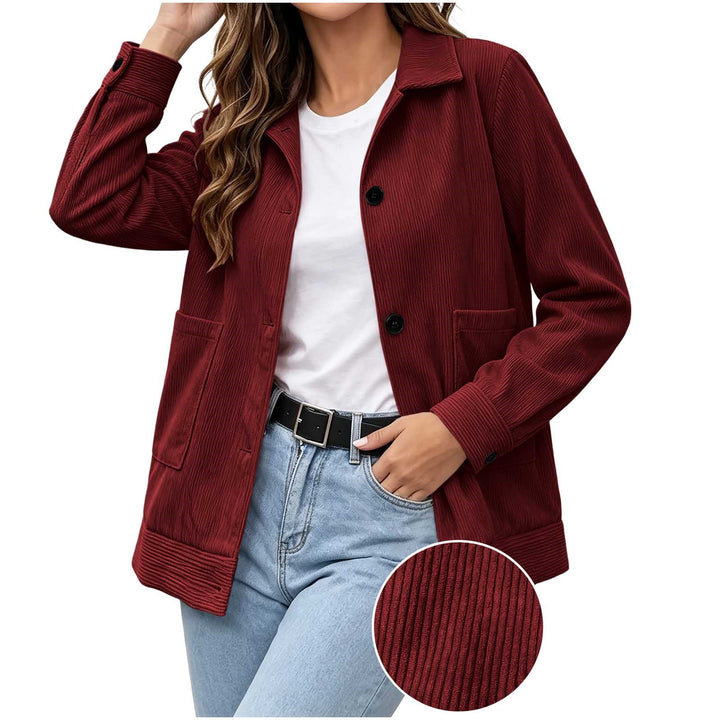 Sorvienne Relaxed Button Front Cord Jacket in Burgundy