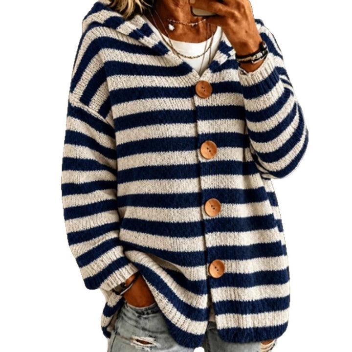 Sorvienne Relaxed Striped Button Front Hooded Cardigan in Navy Stripe