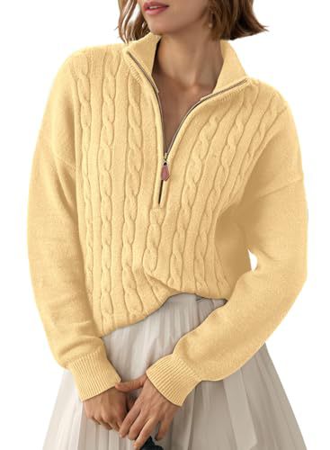 Sorvienne Relaxed Cable Knit Quarter Zip Jumper in Yellow