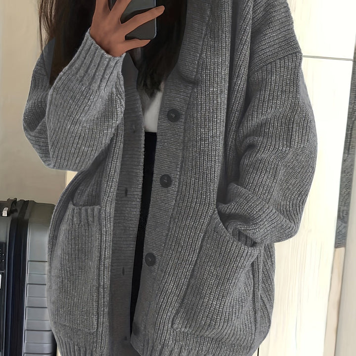 Sorvienne Oversized Cardigan with Deep Patch Pockets in Grey
